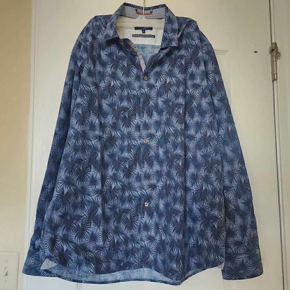 Ted Baker London Men's blue button up palm pattern blue shirt 5 (XL)